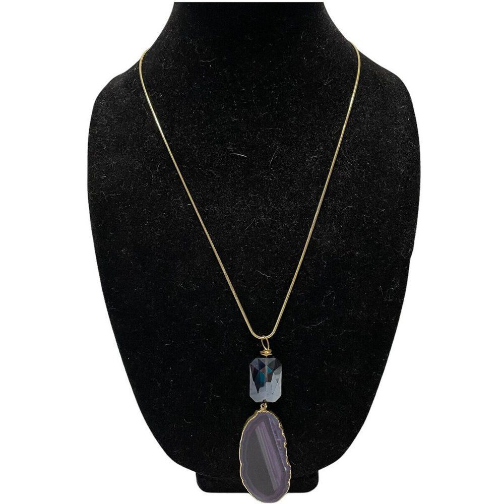 Gold Tone Purple Resin Agate Pendant Necklace 24” Boho Statement